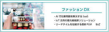 ファッションＤＸ ・AIで在庫問題を解決する SaaS ・loT活用の最先端裁断ソリューション ・リードタイムを短縮する最新PLM など