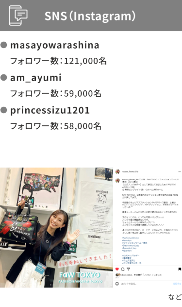 SNS(Instagram) /masayowarashina フォロワー数：121,000名・am_ayumiフォロワー数59,000名princessizu1201フォロワー数58,000名