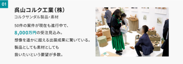 01 呉山コルク工業(株)　50件の案件が現在も進行中で、8,000万円受注見込み。想像をはるかに超える出展成果に驚いている。製品としても素材としても扱いたいという要望が多数。
