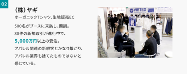 02ヤギ　500名がブースに来訪し、商談。30件の新規取引が進行中で、5,000万円以上の受注。アパレル関連の新規客とかなり繋がり、アパレル業界も捨てたものではないと感じている。