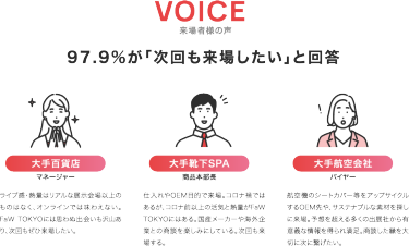 VOICE 97.9%が次回も来場したいと回答　大手百貨店マネージャー　ライブ感・熱量はリアルな展示会以上のものはなく、オンラインでは味わえない。FaW TOKYOには思わぬ出会いもたくさんあり、次回もぜひ来場したい。　大手靴下SPA商品本部長　仕入れやOEM目的で来場。コロナ禍あるがコロナ前以上の活気がFaW TOKYOにはある。国産メーカーや海外企業との商談を楽しみにしている。次回も来場する。　大手航空会社バイヤー　航空機のシートカバー等をアップサイクルするOEM先や、サステナブルな素材を探しに来場。予想を超える多くの出展社から有意義な情報を得られ満足。商談した縁を大切に次につなげたい。