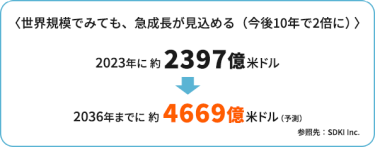 ＜世界規模でみても、急成長が見込める（今後10年で2倍に）＞ 2023年に約2397億米ドル➡2036年までに 約4669億米ドル（予測）　参照先：SDKI Inc.