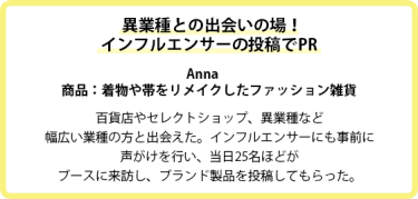 Anna　 商品：着物や帯をリメイクしたファッション雑貨  百貨店やセレクトショップ、異業種など幅広い業種の方と出会えた。インフルエンサーにも事前に声がけを行い、当日25名 ほどがブースに来訪し、ブランド製品を投稿してもらった。