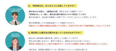 ①展示会の1か月前と、1週間前の2回、保有する全ての顧客データへ「招待用URL」と一緒に、展示会出展の案内をメルマガ配信しています。②普段はなかなかお会いできない既存客と直接お会いして話せる機会なので、必ず全ての顧客に出展の案内をお送りしています。