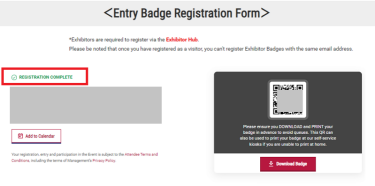 Once your registration is complete, the message 'REGISTRATION COMPLETE' will appear. This means your pre-registration is finished.